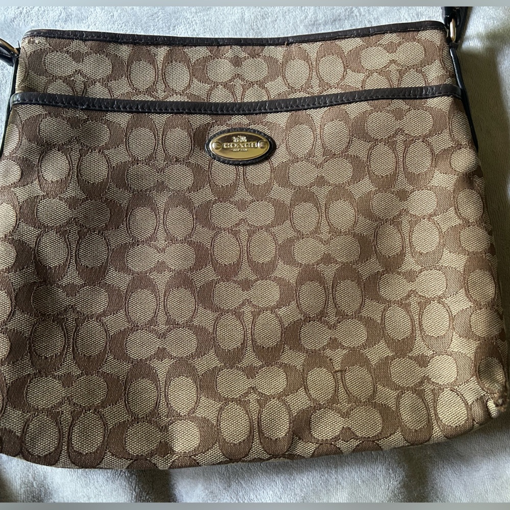 Coach Brown Monogram Shoulder Bag with Leather Trim